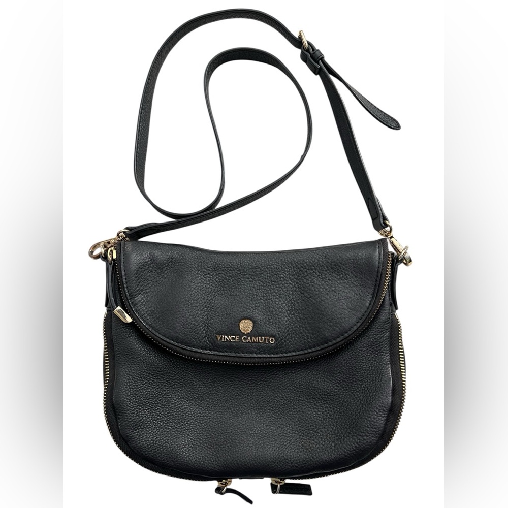Vince Camuto Black Fold Over Pebbled Leather Crossbody Bag Purse